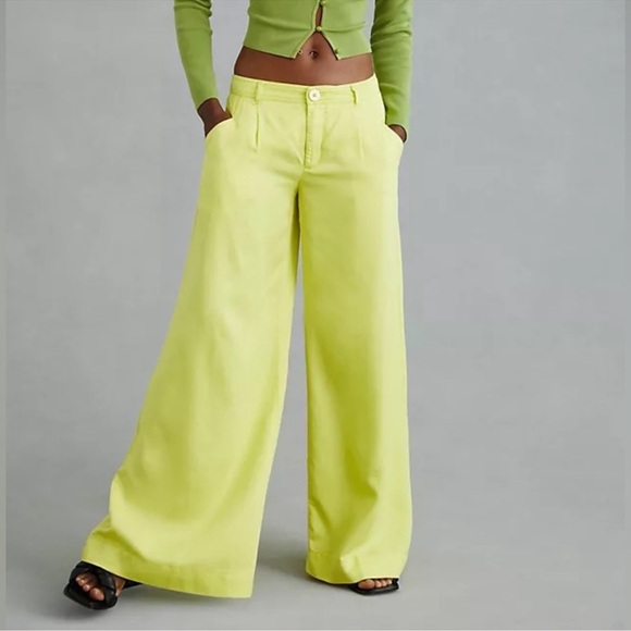 By Anthropologie 4P Low-Rise Wide-Leg Pants neon lime green - Picture 1 of 8